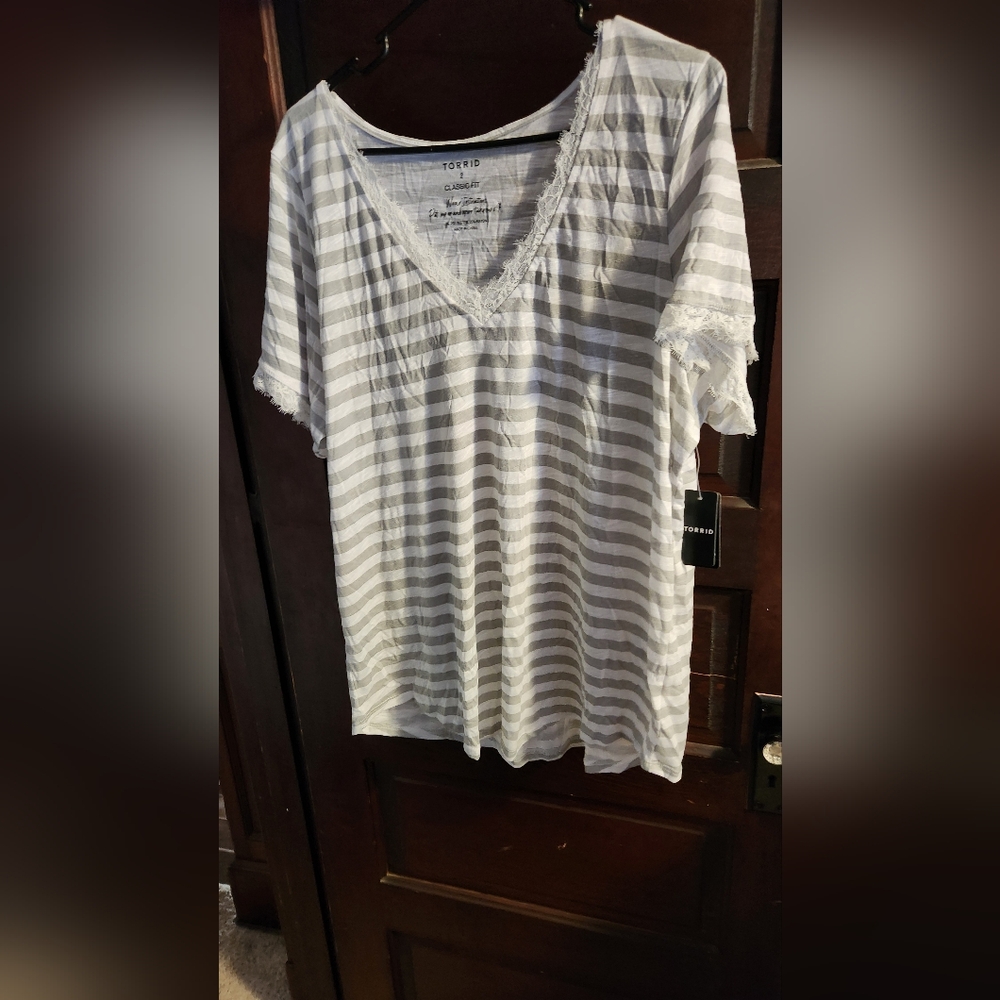 Torrid Gray and White Striped V-Neck Top
